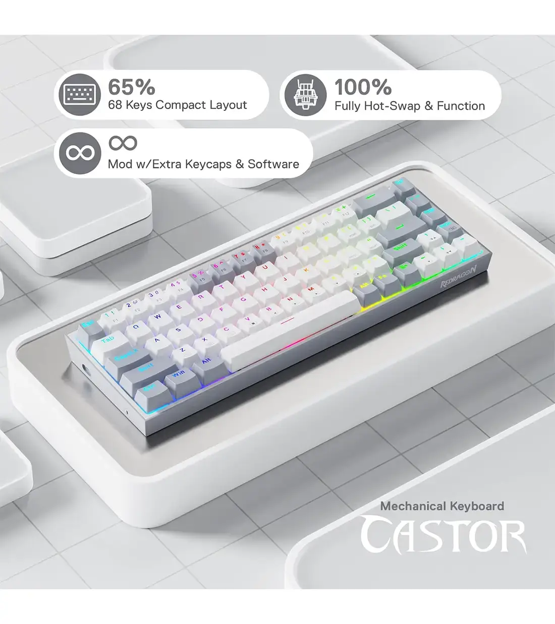 کیبورد مکانیکال ردراگون مدل REDRAGON CASTOR K631 WHITE-GREY
